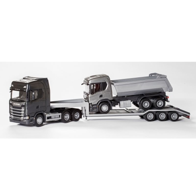 EMEK LASTEBIL SCANIA SORT TREKKVOGN S-650 MED MASKINSEMI OG GRÅ 